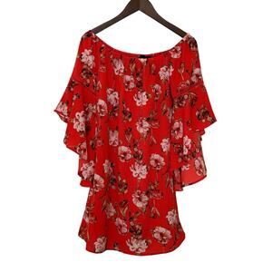 Wishful Orange Floral Cascade Bell Sleeve Boho Style Blouse Woman's Size Large